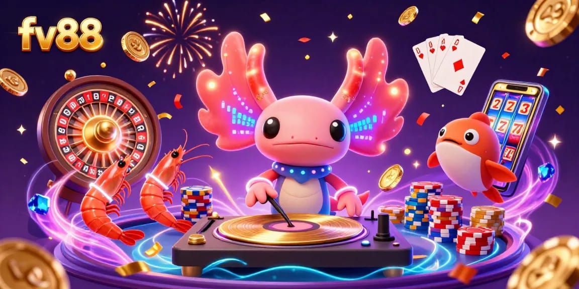 Engage with exciting games at fv88 featuring vibrant axolotl DJ and colorful casino elements.