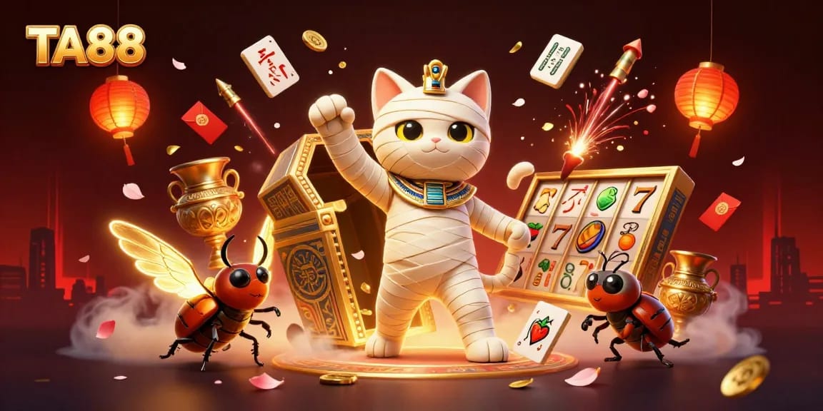 Experience thrilling games at TA88 within a dazzling pyramid casino, featuring unique characters and gaming elements.