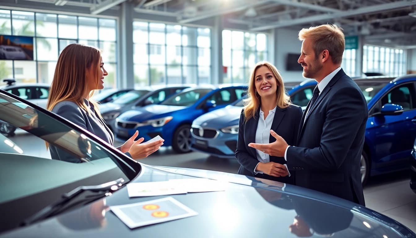 Buy New Car with a couple exploring options at a bright dealership showroom.