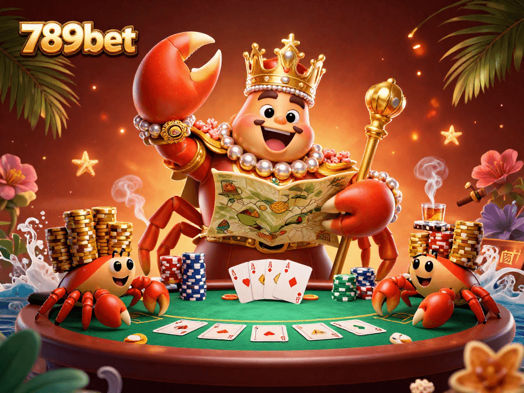 Join the fun and excitement of 789bet as a golden crab emperor rules the poker table filled with winnings.
