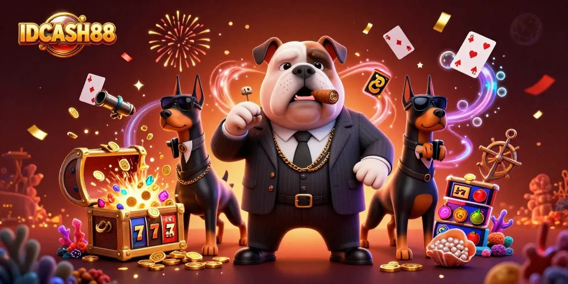 Join the thrilling action at IDCASH88 with a dynamic scene of a mafia bulldog and slot machine symbols.
