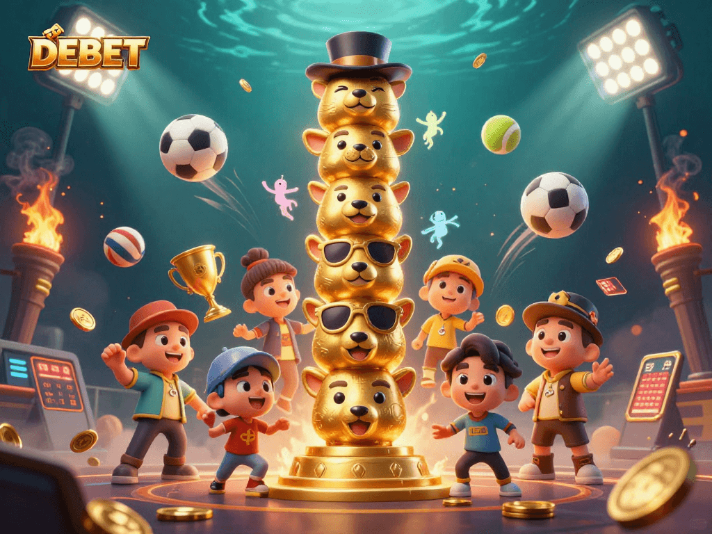 Experience the excitement of DEBET casino with vibrant gaming elements and lively character interactions.
