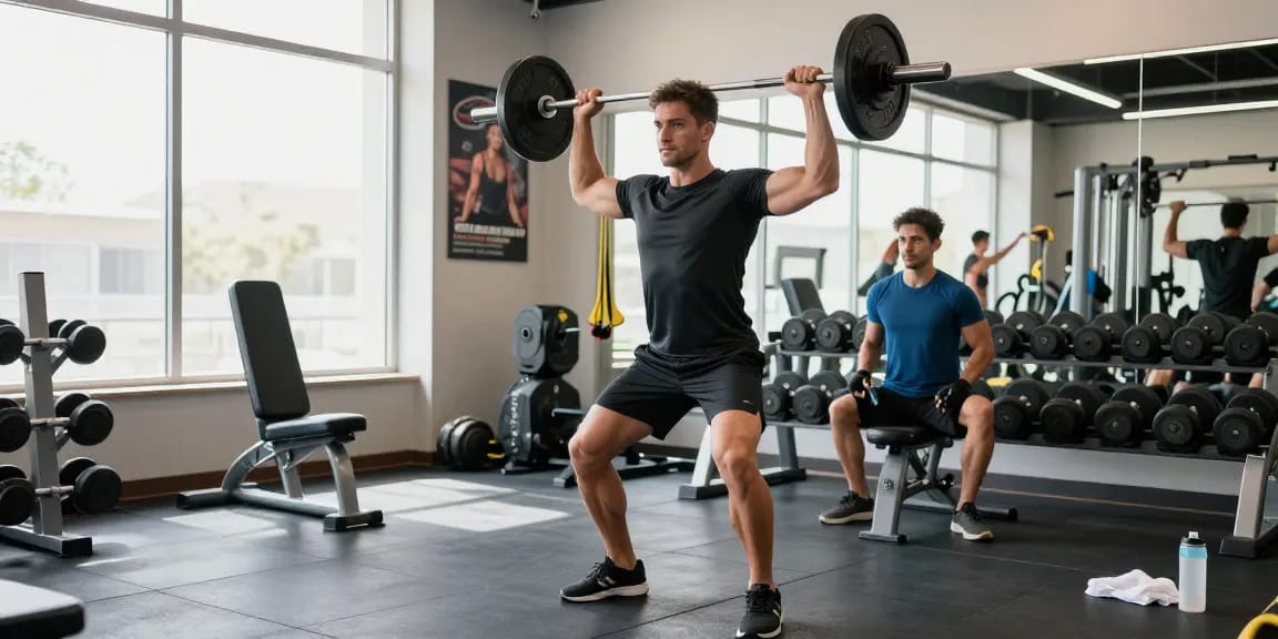 Gym clothes Men showcased on athletic man lifting weights in modern gym.
