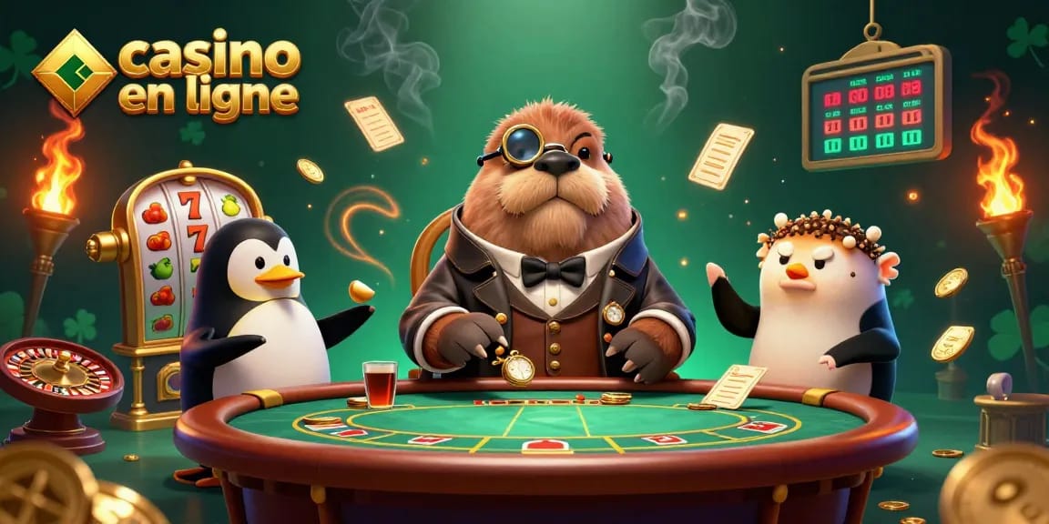 Le casino en ligne offre une scène dynamique avec un morse jouant au poker, entouré de pièces d'or et d'éléments de jeu.