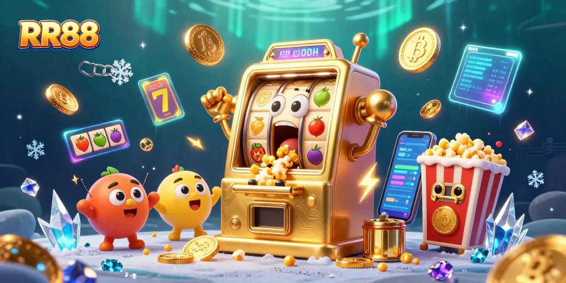 RR88 slot machine hits jackpot with golden coins pouring out amidst exciting casino elements.