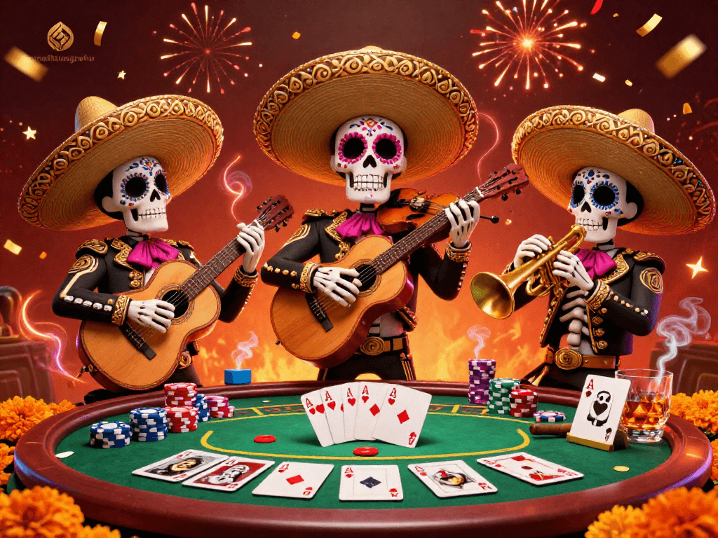 Experience thrilling action in gamethuongnohu's vibrant poker scene with lively skeleton mariachi musicians.
