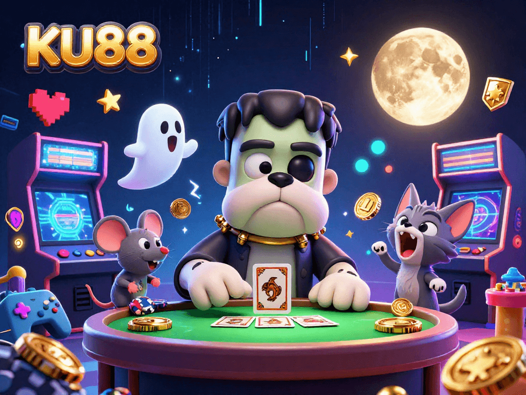 KU88 unleashes an engaging atmosphere as a bulldog monster deals cards while a ghost mouse floats amidst vibrant gaming elements.