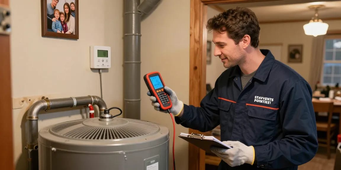 Friendly technician conducting furnace repair Stevens Point in a cozy home basement, ensuring family comfort.