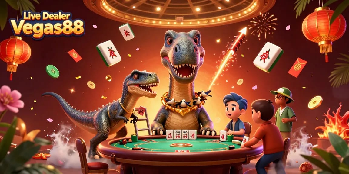 Experience thrilling gameplay with Live Dealer Vegas88 in this vibrant 3D casino illustration.