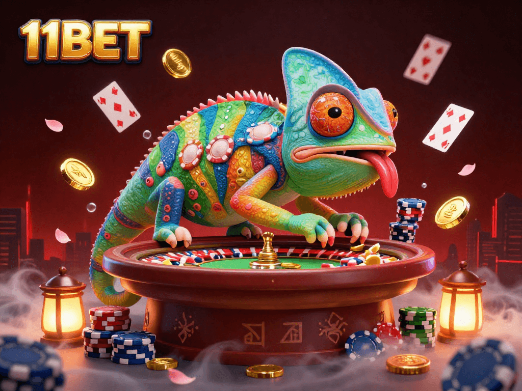 Experience thrilling games at 11BET, featuring a vibrant chameleon casino owner in a dynamic scene.