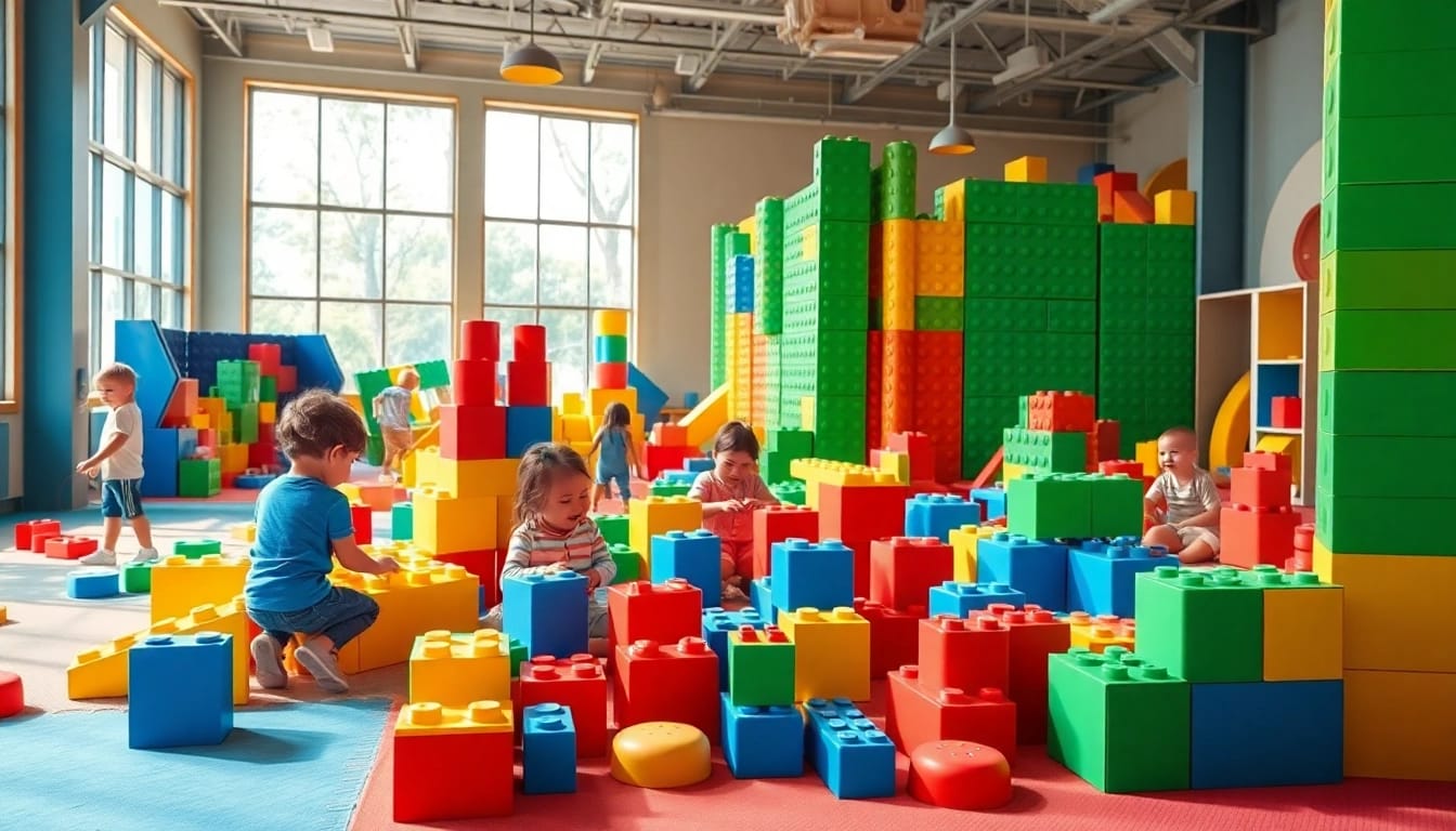 Provide additional information about giant building blocks in a colorful indoor adventure.