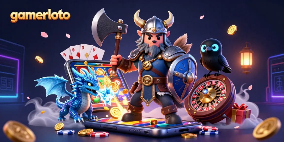 Spin to win on gamerloto with a Viking wolf warrior, fierce dragon, and playful raven in a rich casino scene