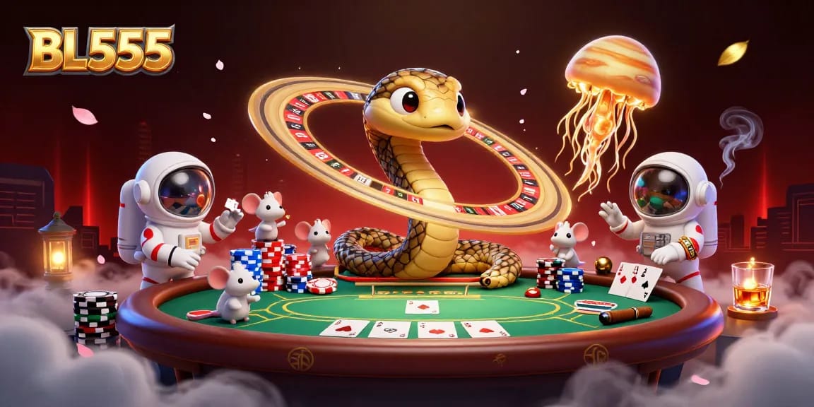 Experience a thrilling casino scene with BL555, featuring unique characters and vivid elements.