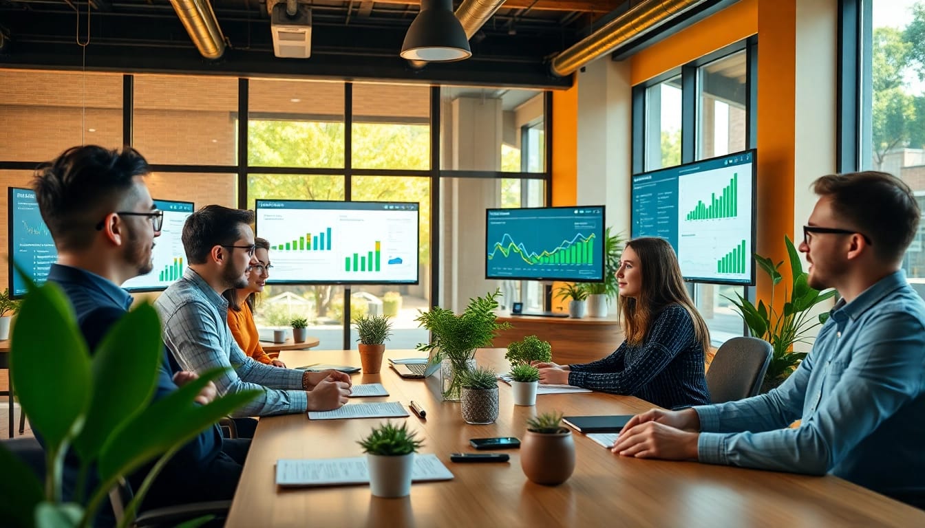 Carbonxgen energy consultant team collaborating on sustainability projects in a modern office.
