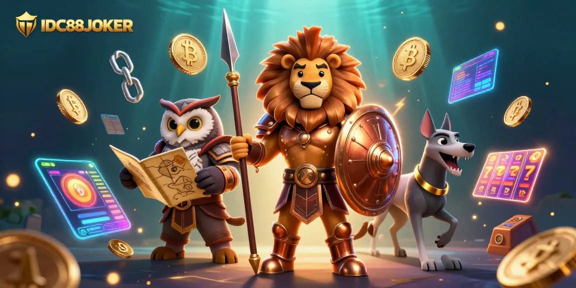 Engage with IDC88JOKER through a vibrant, strategic gaming experience featuring a Spartan lion, an owl, and a greyhound.