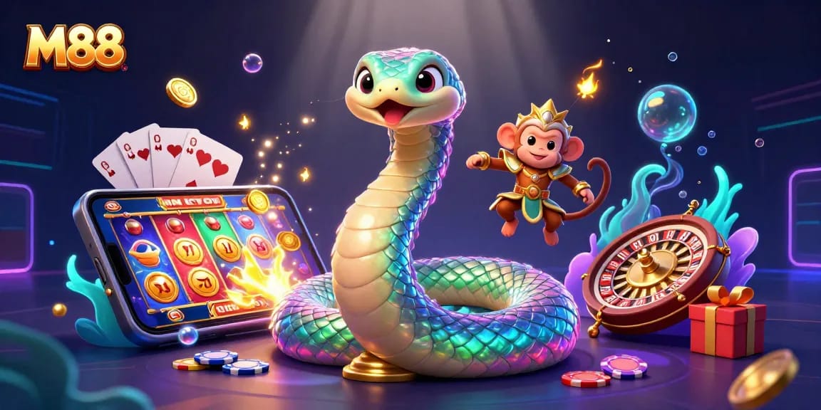 M88 engages players with vibrant casino elements, featuring a playful monkey king and a mystical serpent.