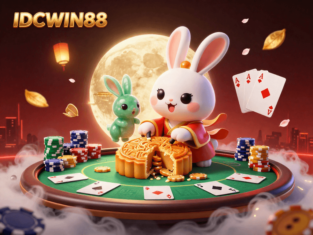 Experience excitement at IDCWIN88 with a moon rabbit theme, poker chips, and vibrant casino elements.