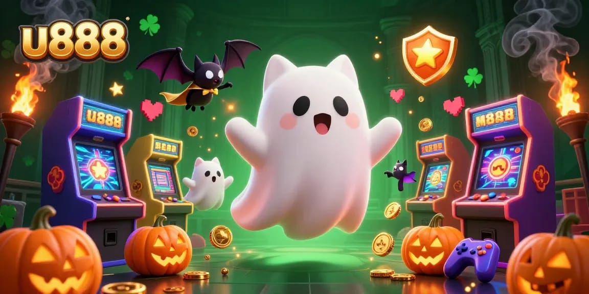 Engage with u888's vibrant ghost cat and vampire bat in a haunted casino adventure.