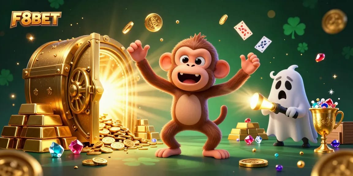 Experience F8BET in an exciting live casino scene with dynamic characters and golden treasures.