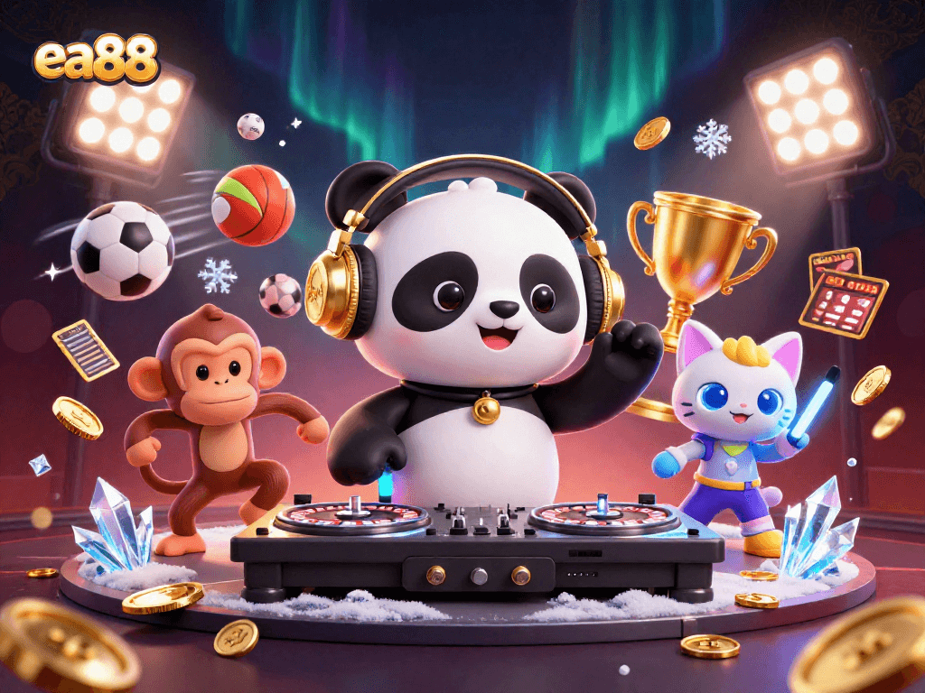 ea88 enhances the excitement with a DJ panda and vibrant casino elements in a dynamic illustration
