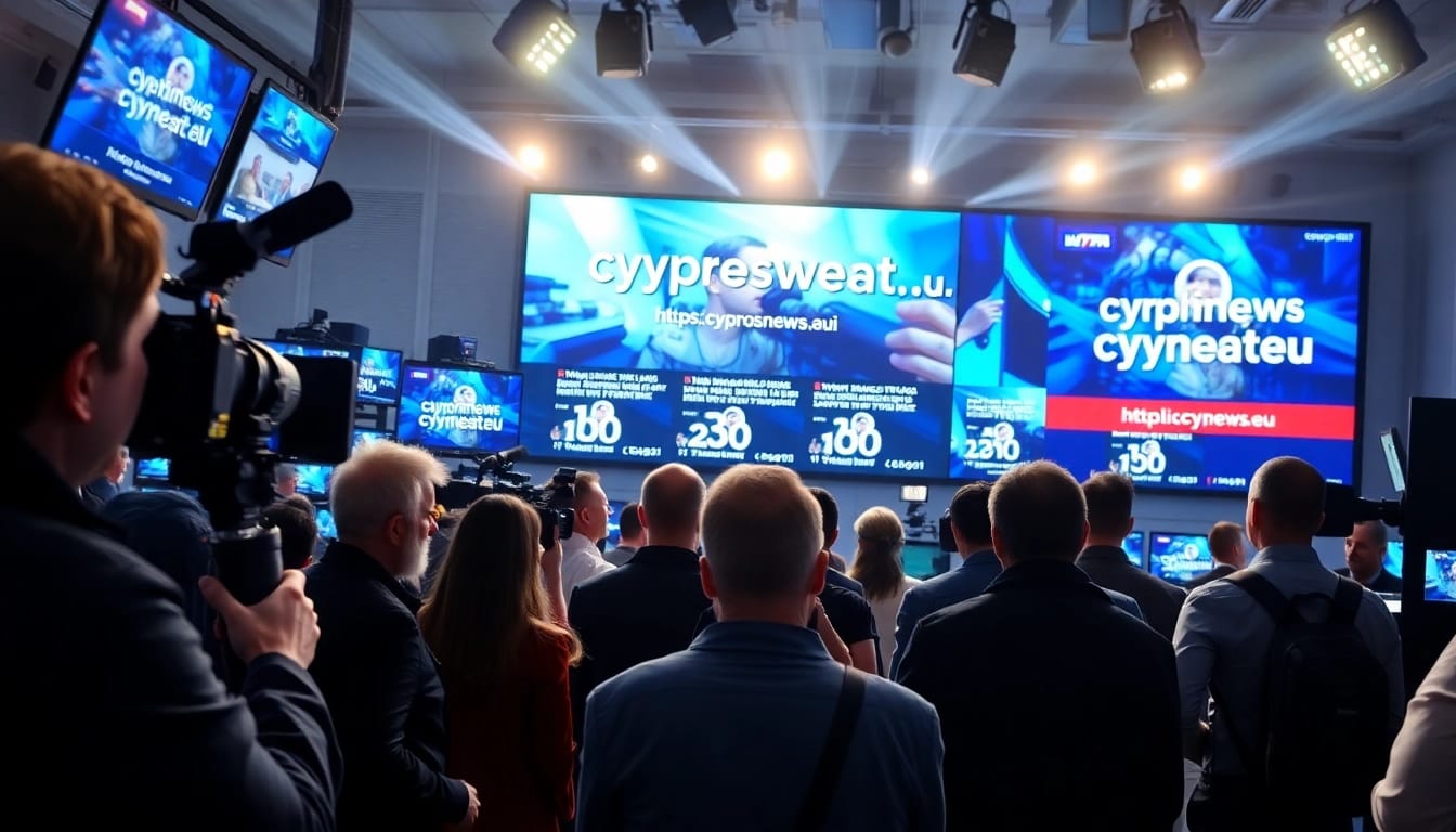 Watch live updates from https://cyprusnews.eu/ in a vibrant newsroom setting with professional journalists.