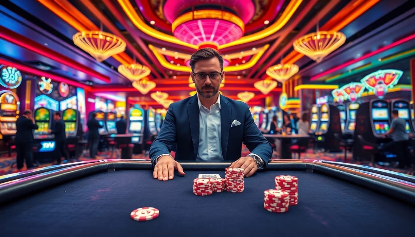 Permainan poker dengan ARAHTOGEL dan suasana mewah di kasino, memikat dan penuh aksi.