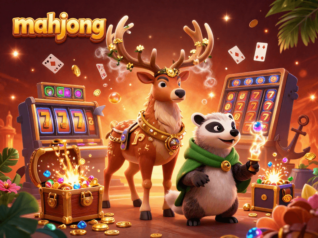 Engage in Mahjong excitement as the druid stag and wise badger illuminate a lively casino scene filled with gold coins and joyous characters.
