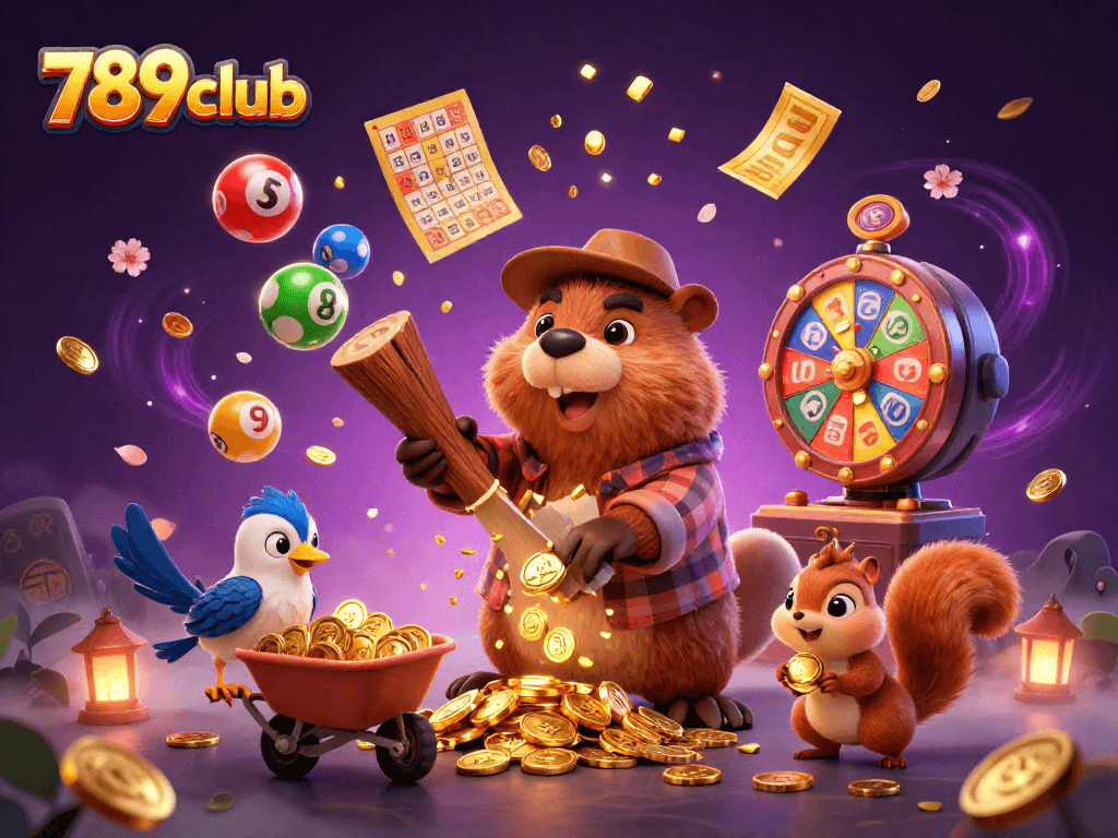 Experience excitement with 789club's vibrant illustration showcasing playful characters and thrilling gaming elements dynamically interacting.