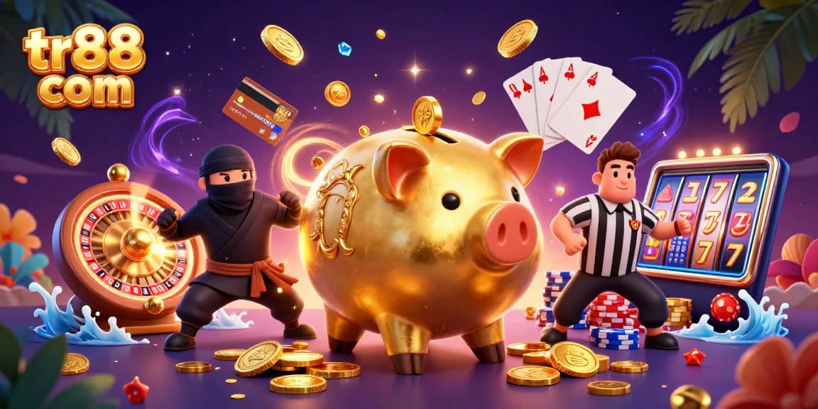 Cascading golden coins surround tr88 com as a piggy bank sumo wrestler prevails in a dynamic casino scene.