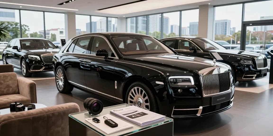 Interior showroom Luxury 777 dengan mobil mewah berkilau dan suasana elegan.