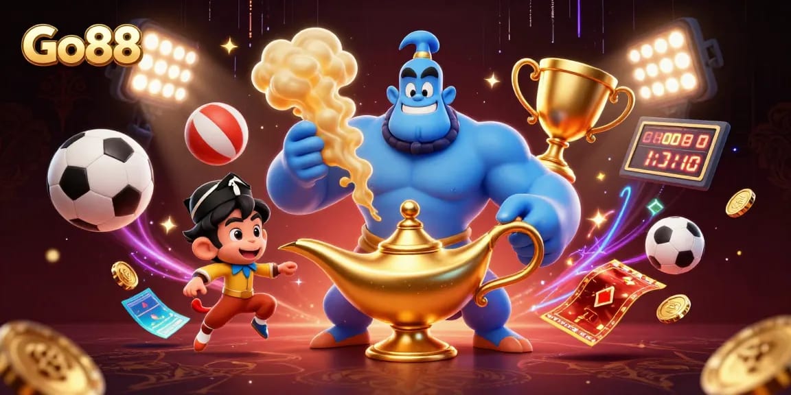 Experience excitement at Go88 with a vibrant illustration featuring a genie, sports elements, and dynamic casino action.