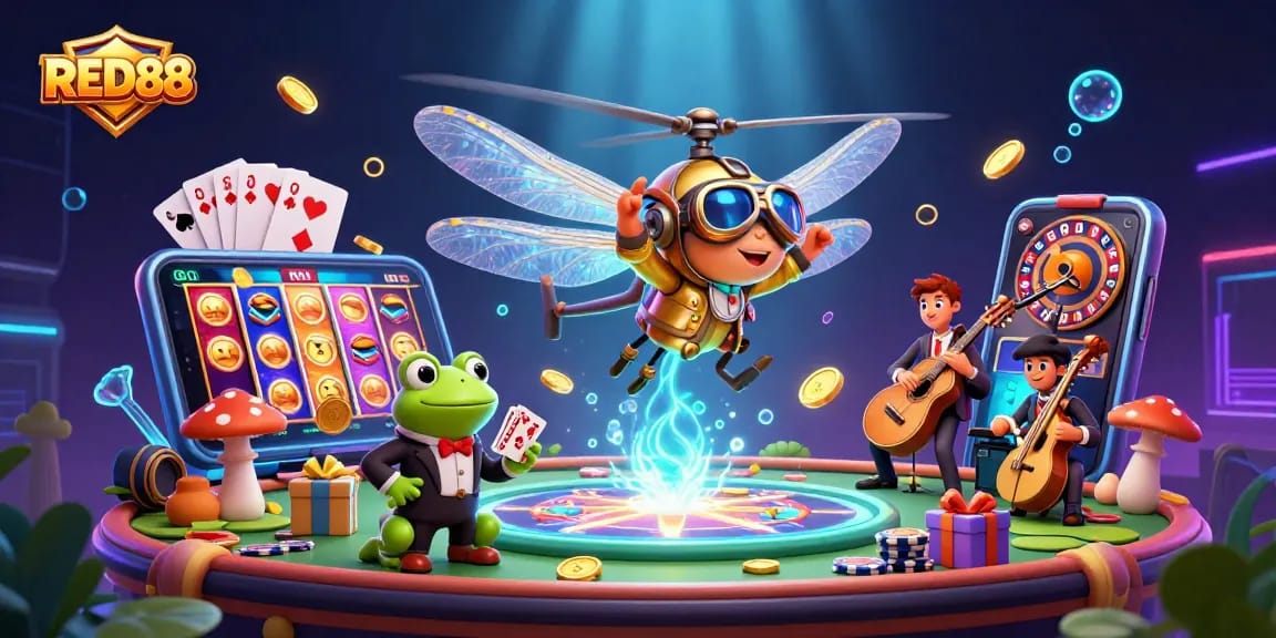 Join the fun at RED88 with a jovial dragonfly pilot, frog dealer, and jazz-playing crickets in this vibrant casino scene.