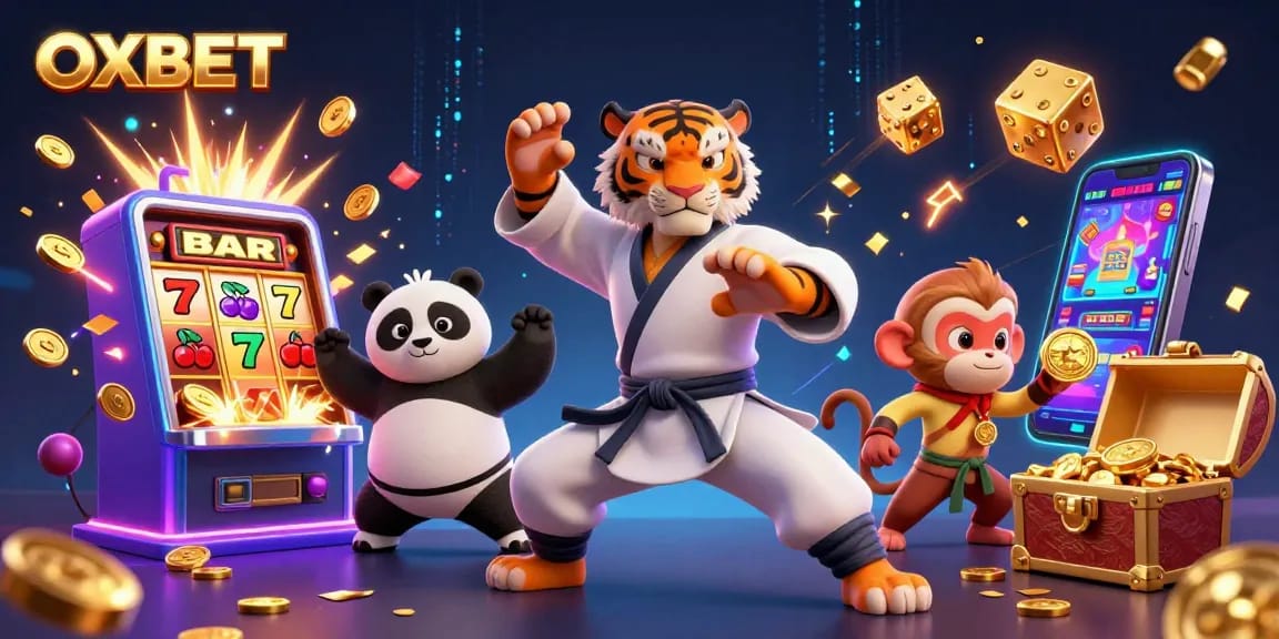 OXBET showcases a vibrant 3D scene with characters enjoying slot machine excitement and festive elements.