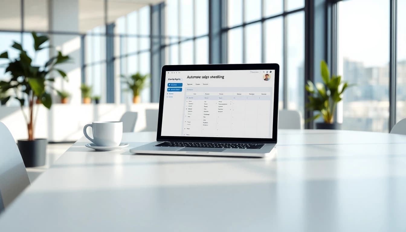 Automate sales meeting scheduling with a professional workspace featuring a laptop and a bright office atmosphere.