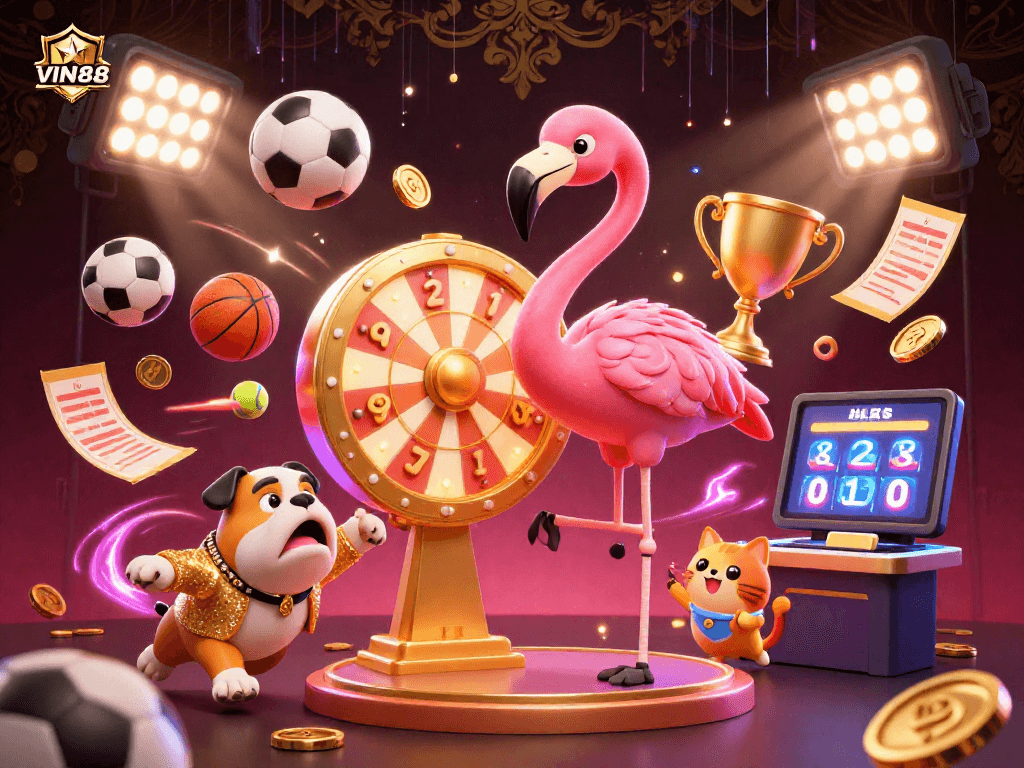 Engage with the excitement of VIN88 sport betting, featuring a vibrant 3D game show scene with sports elements.