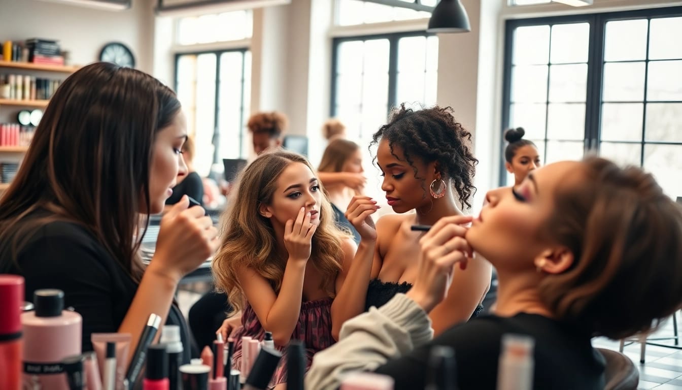 Students at Iver Academy applying makeup techniques in a bright, creative environment.