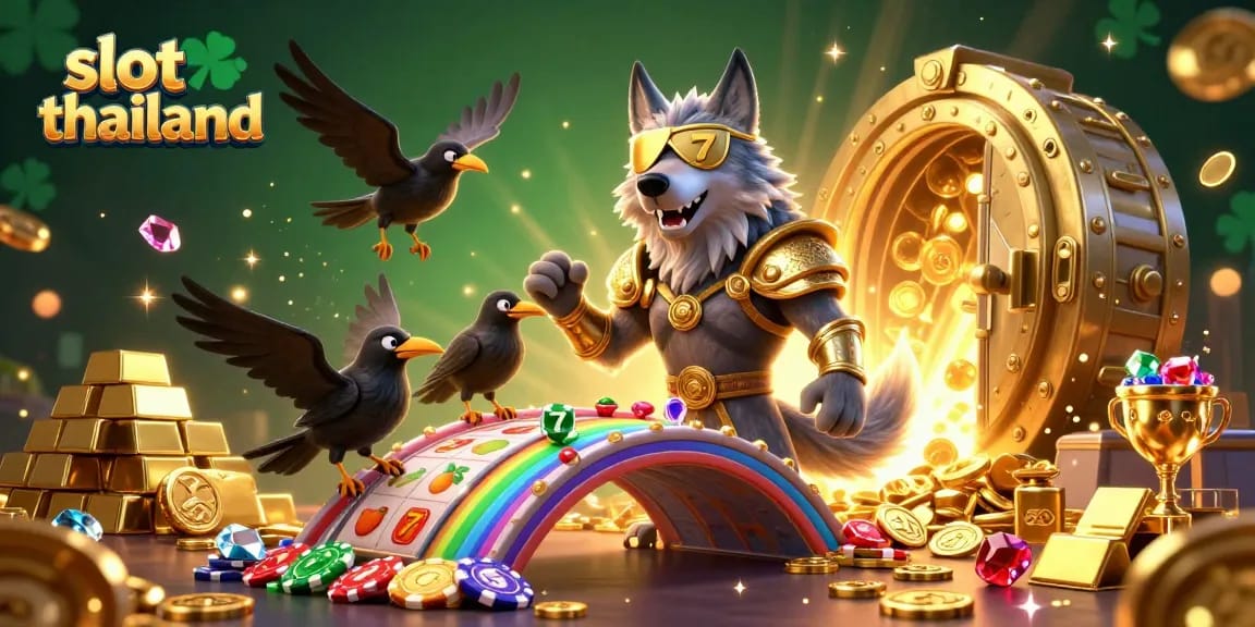Experience thrilling action in slot thailand with Odin and ravens, surrounded by colorful slot game elements.