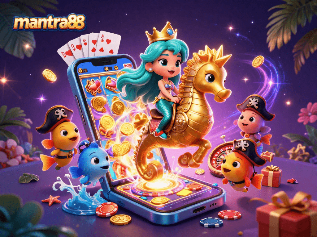 Engage with mantra88 in a vibrant 3D casino scene filled with colorful characters and dynamic gaming actions.