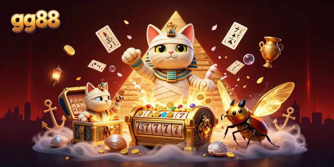 gg88 unleashes thrilling jackpot excitement with vibrant mummy cat and scarab in a dynamic casino setting.