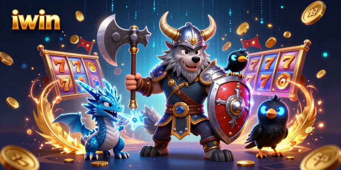 Experience an iwin victory with a Viking warrior, dragon, and raven in a dynamic casino scene.