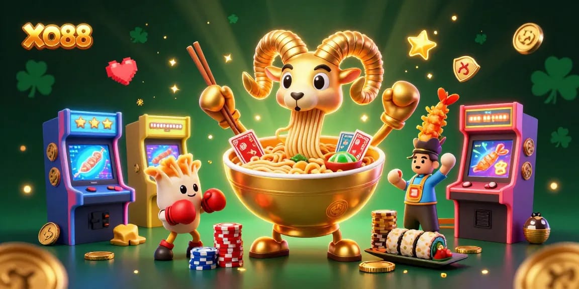 Experience excitement at XO88 with dynamic casino characters and gaming elements in a vibrant scene.