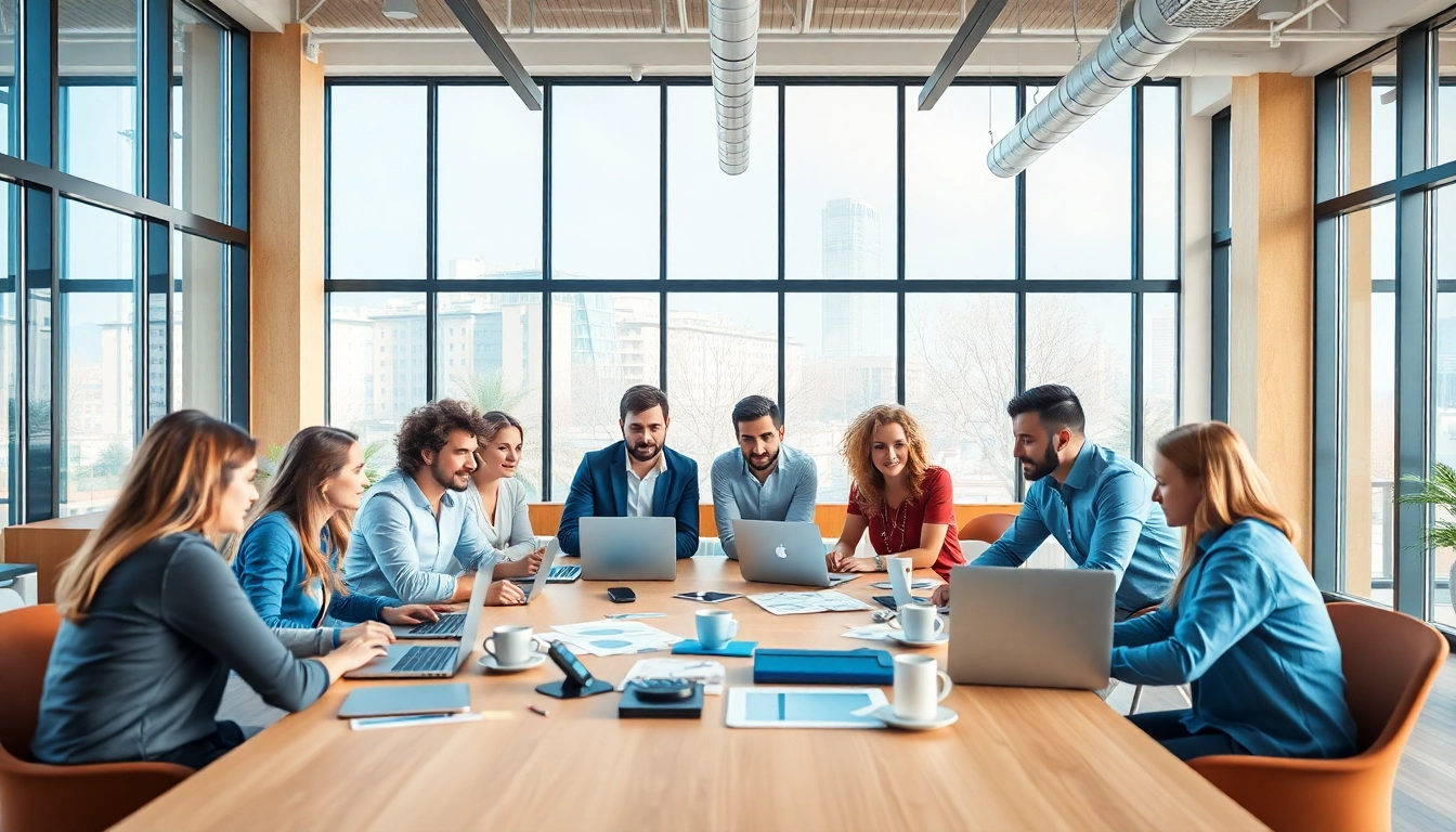 Staffing agencies facilitating collaboration among professionals in a modern office.