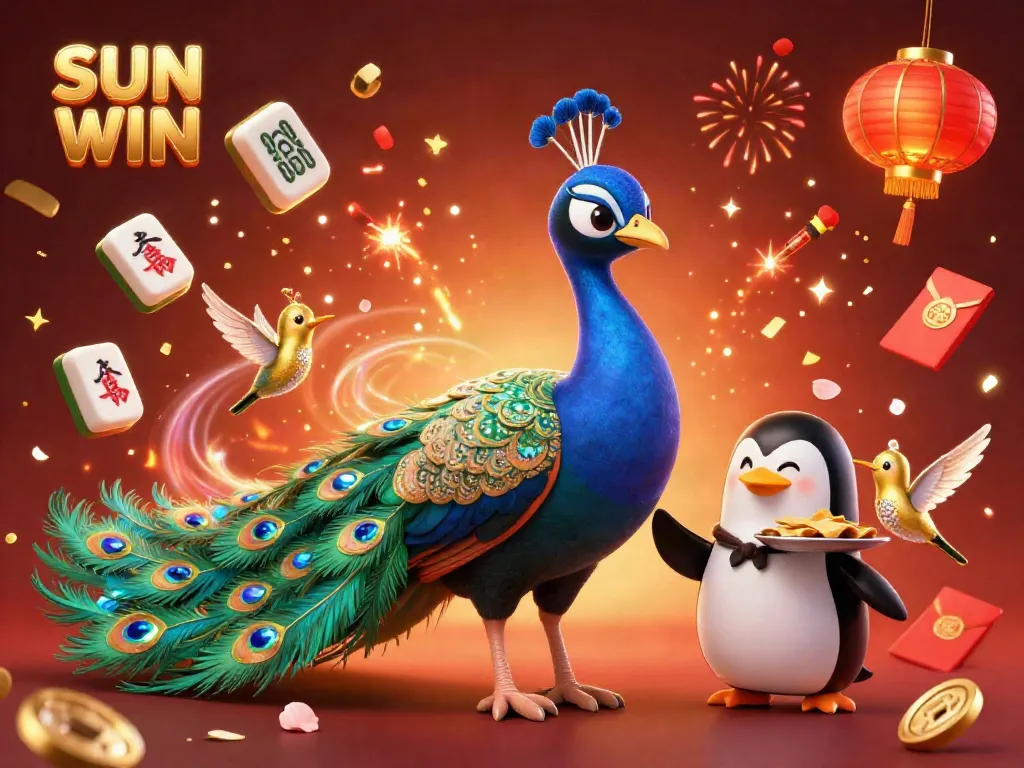 Join the excitement at SUN WIN with a vivid casino scene featuring a peacock, penguin, and hummingbird amidst celebratory elements.