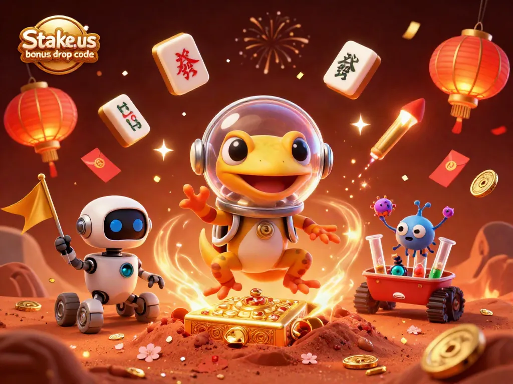 Claim bonuses using stake.us bonus drop code in a vibrant 3D casino themed scene.