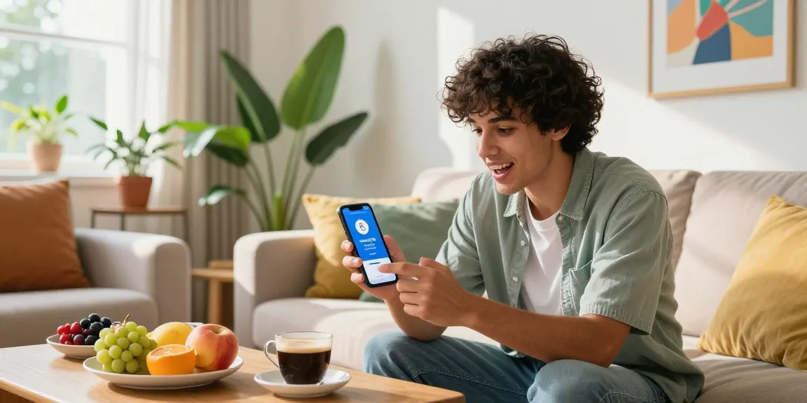 Discover how old do I look with excited young adult analyzing age estimation results on smartphone in a stylish living room.