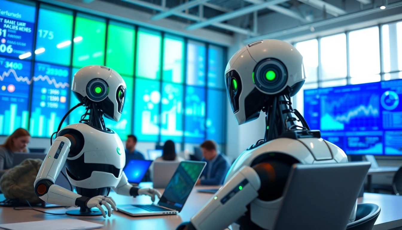 Ai Bots enhancing productivity in a modern workspace with vibrant technology.