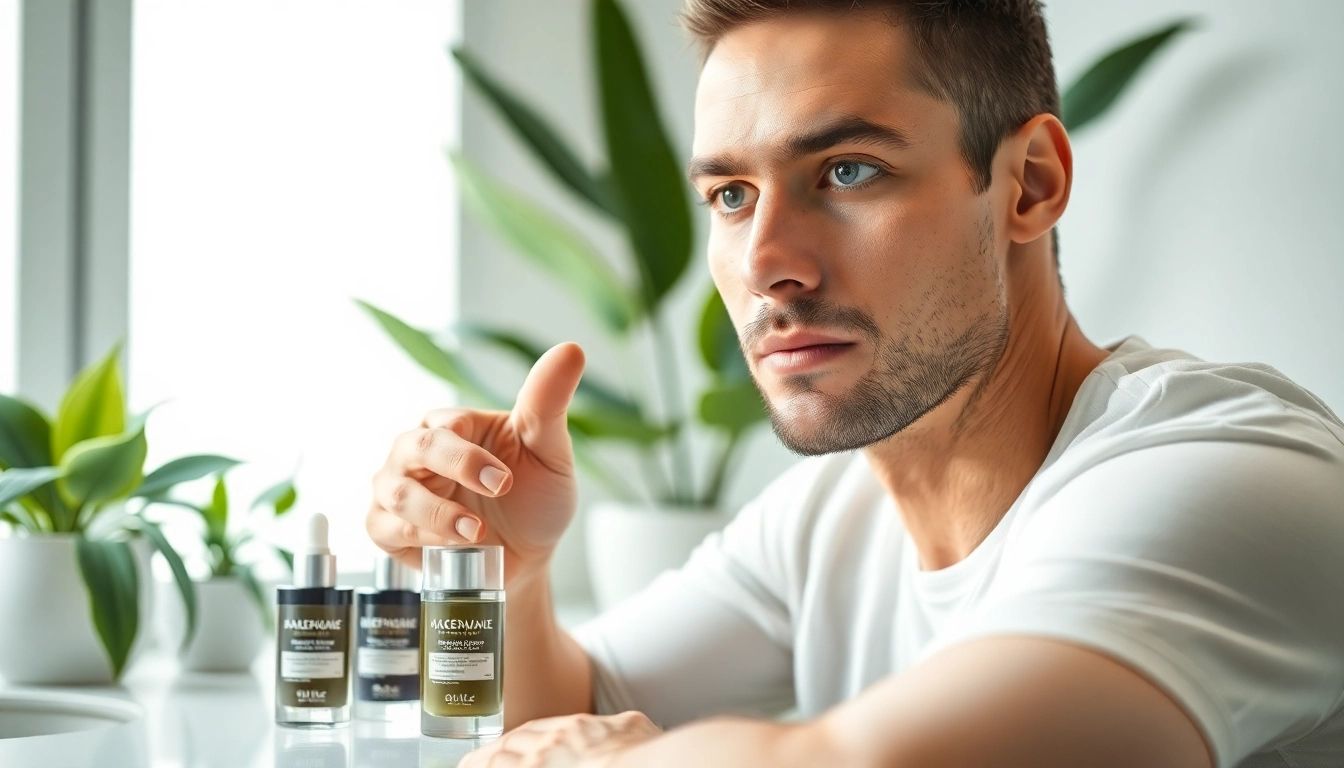 Man applying skin care for men products at a stylish vanity table.