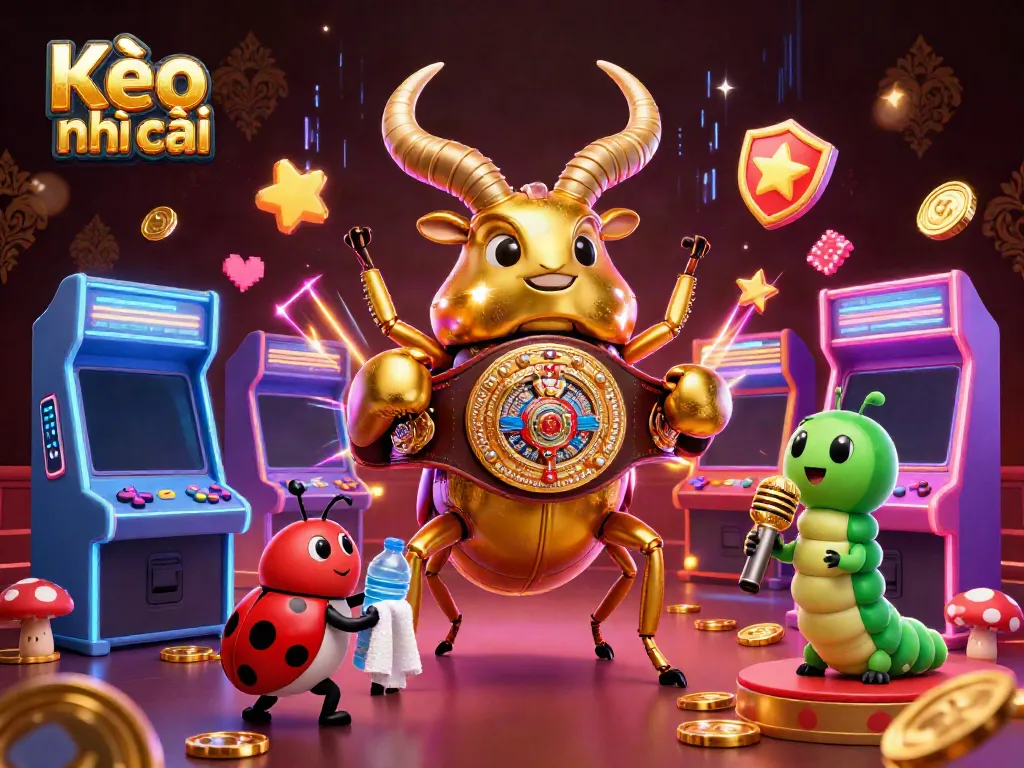 Experience Kèo nhà cái excitement with a giant stag beetle boxing champion and dynamic gaming elements around.
