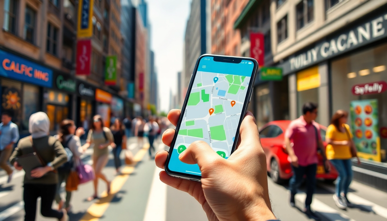 Showcasing a reliable ride sharing app interface on a smartphone in a vibrant city setting.