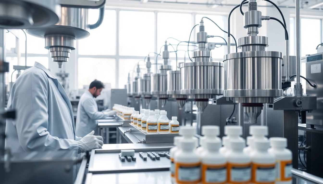 Quality control in a Supplement Manufacturer workshop with advanced machinery and attentive staff.